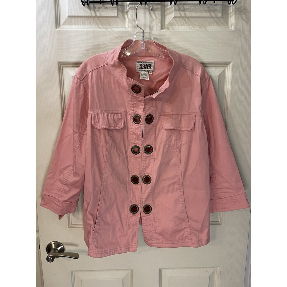 AMX Women's Pink Jacket‎ Ribbon Sleeve Size 1X Clasps Buttons
